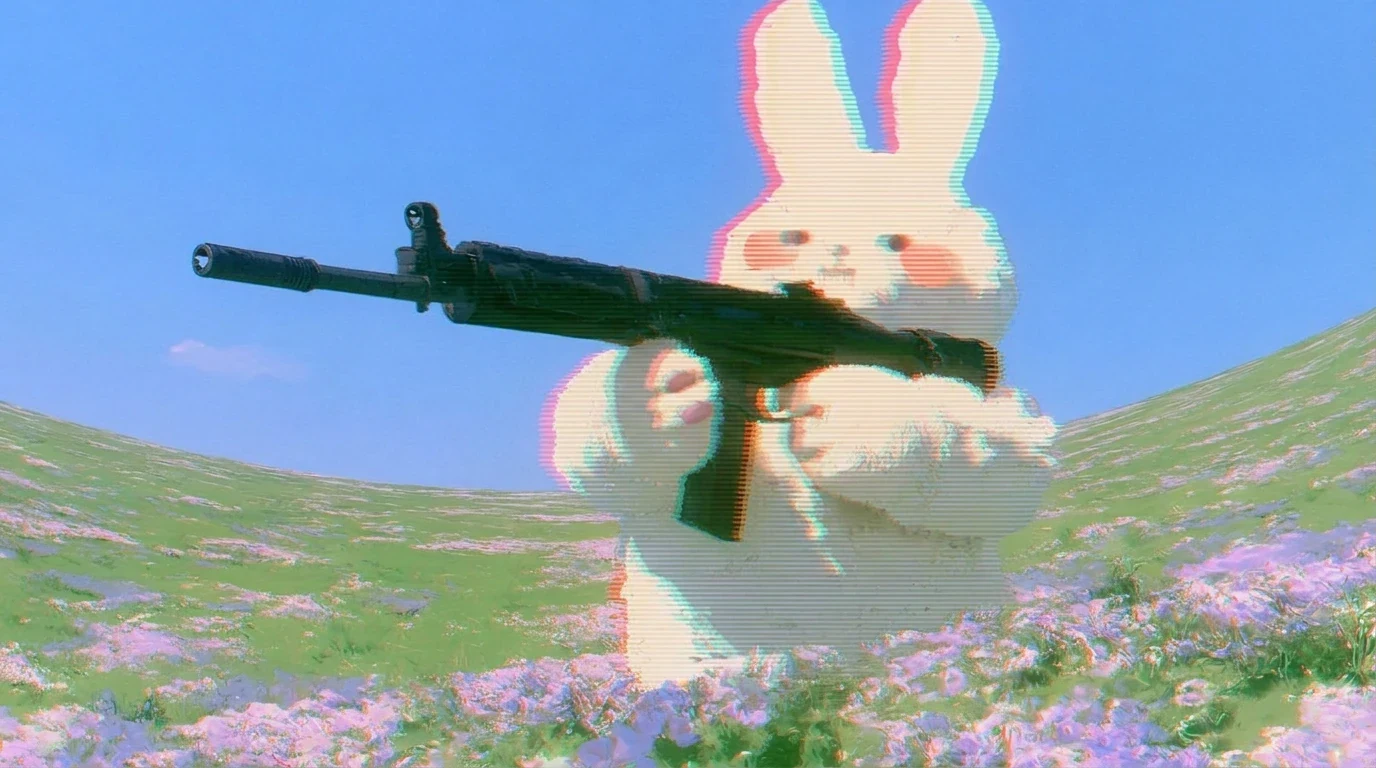 A tall photographic plush bunny seen from low in lilac flowers, holding a rifle pointing left under a blue sky.