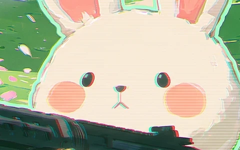 Close-up of the bunny's face: two black dot eyes, a tiny nose and mouth, round coral blush with scanlines across it, and a mint rim with red and cyan fringes along the head.
