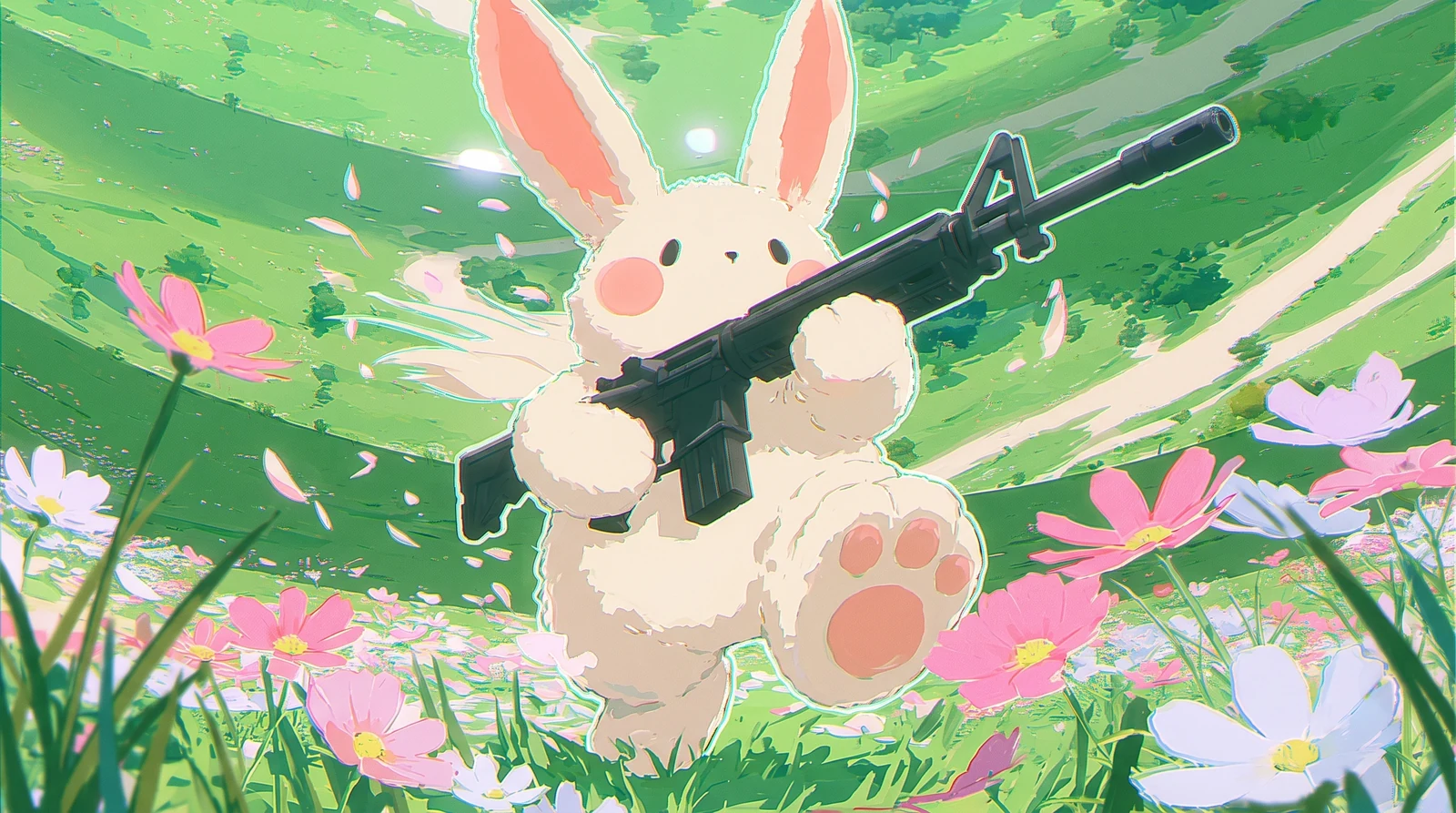 Seen from down in the flowers, the bunny strides toward us with one foot raised, showing pink pads on its sole.