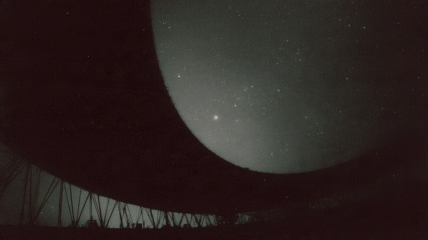 Looking up from inside a dark structure at a huge round window full of stars, with a row of thin struts below.