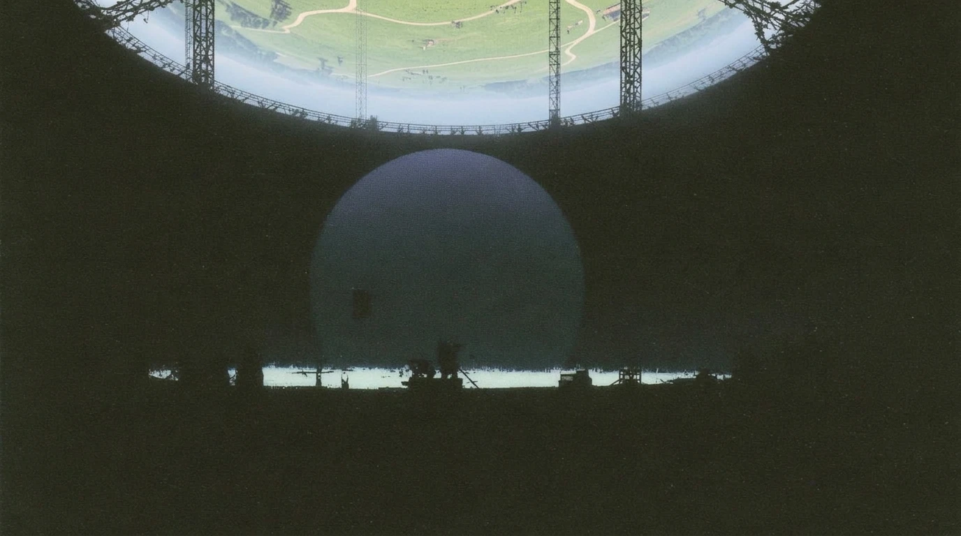 From the dark hull, a round opening framed by trusses shows the far meadow of the inside world with paths and tiny figures; below it hangs a large dark sphere above a row of silhouetted machines.