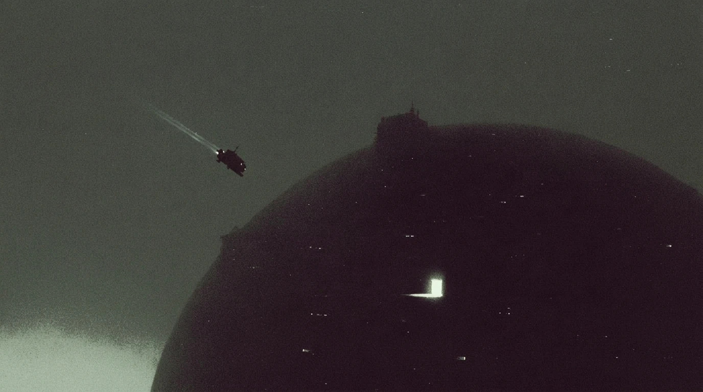 A black sphere in grey-green space with one lit square hatch on its curve; a tiny craft dives in toward it from the upper left, trailing a thin streak of thruster light.