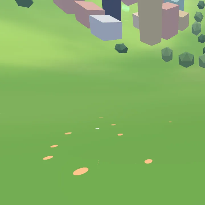 A southern meadow at eye level before: flat lime ground with a few coral flower dots, a town and rocks floating beyond.