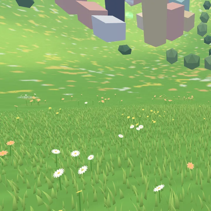 The same view after: grass blades with small clumps of white daisies and coral flowers, and drifts of colour in the distance.