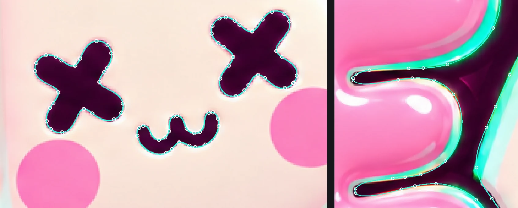 The bunny's face and the notches of the first E, enlarged four times, with the fitted curves drawn in cyan and their points as white circles.