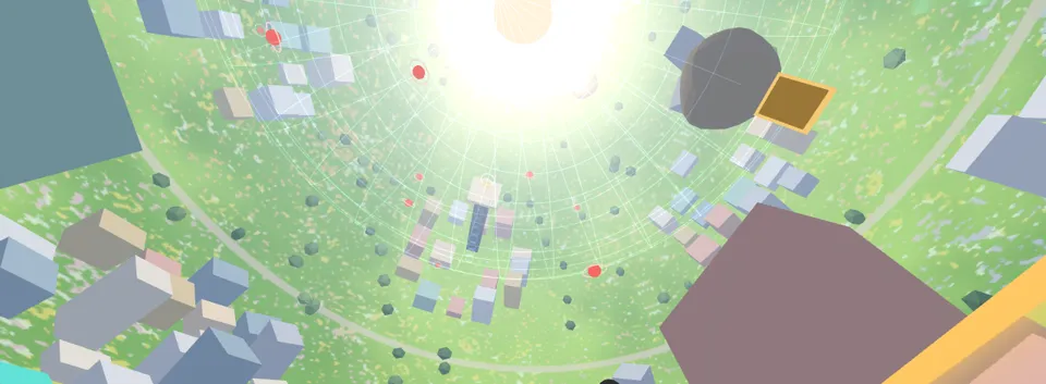 The far side seen from the spawn plaza before: a speckle of white, yellow and pink dabs over the green.