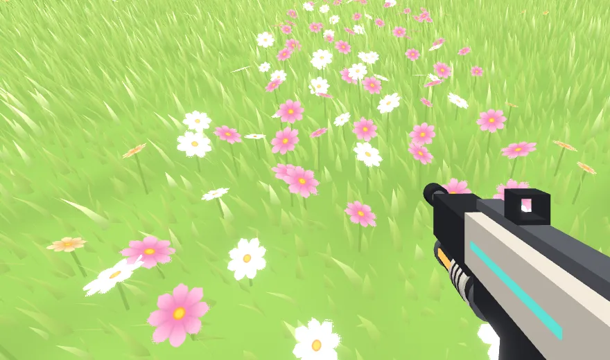 The same view: larger pink and white cosmos with broad petals, crowded together, stems hidden in the grass.