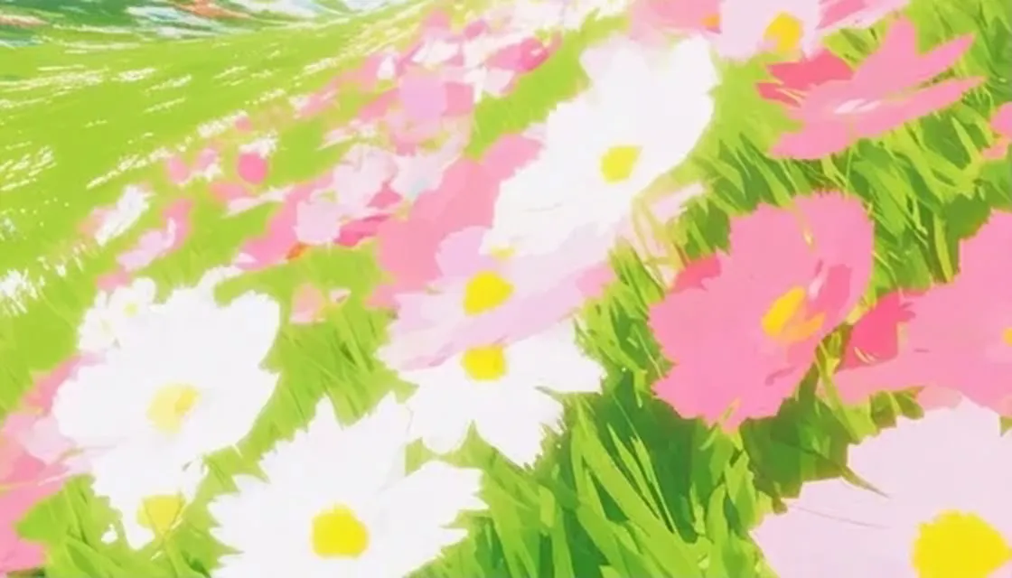 Detail of the foreground: big pink and white cosmos in a massed bed, flat-shaded petals with yellow centres, long grass blades in three greens.