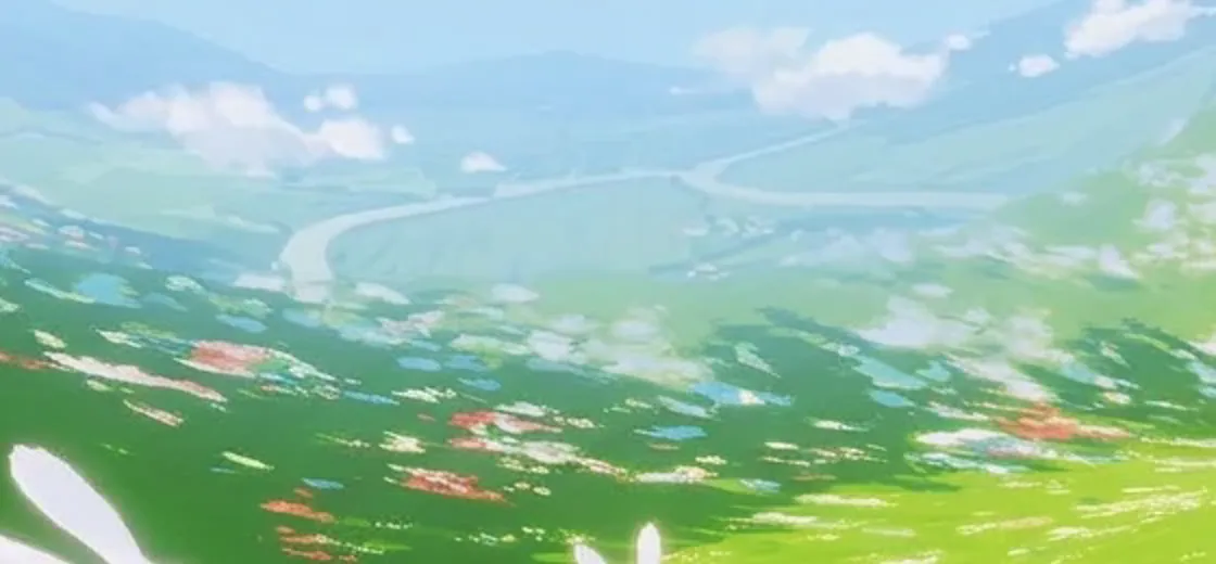 Detail of the valley beyond: pale blue-green fields, a winding path, soft white clouds, blue hills.