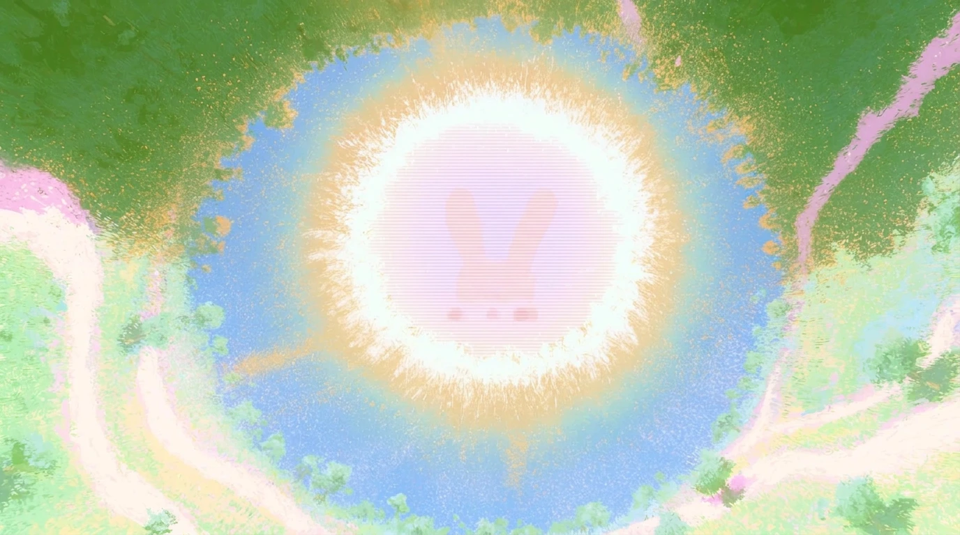 Looking straight up: a glowing white-pink disc showing a faint bunny face, ringed by white light and blue haze, with meadows and paths curving round the edges.
