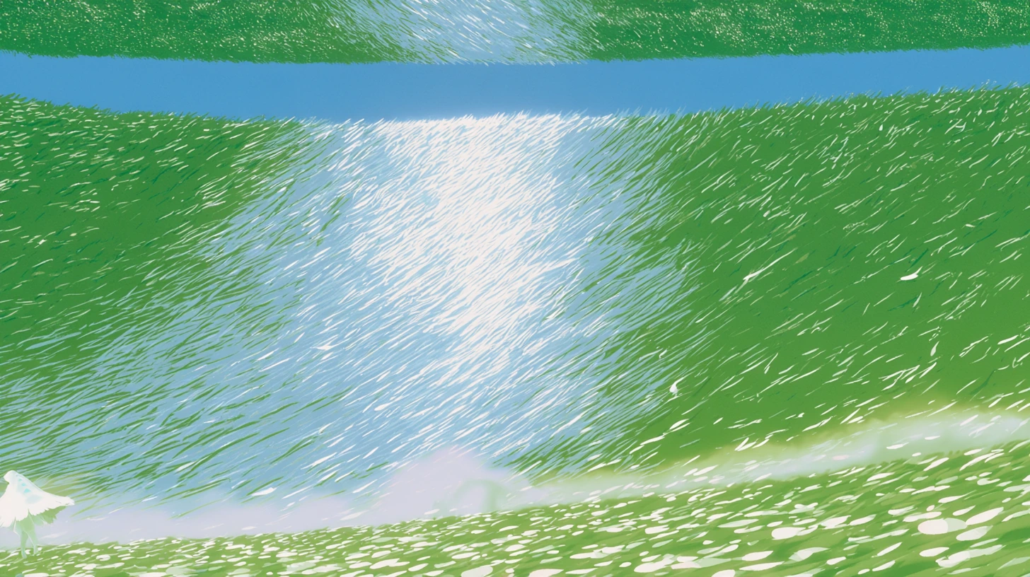A silver stripe of leaning grass crosses a meadow inside the hollow world, with a low roll of mist at its front and a caped figure tilting the same way.