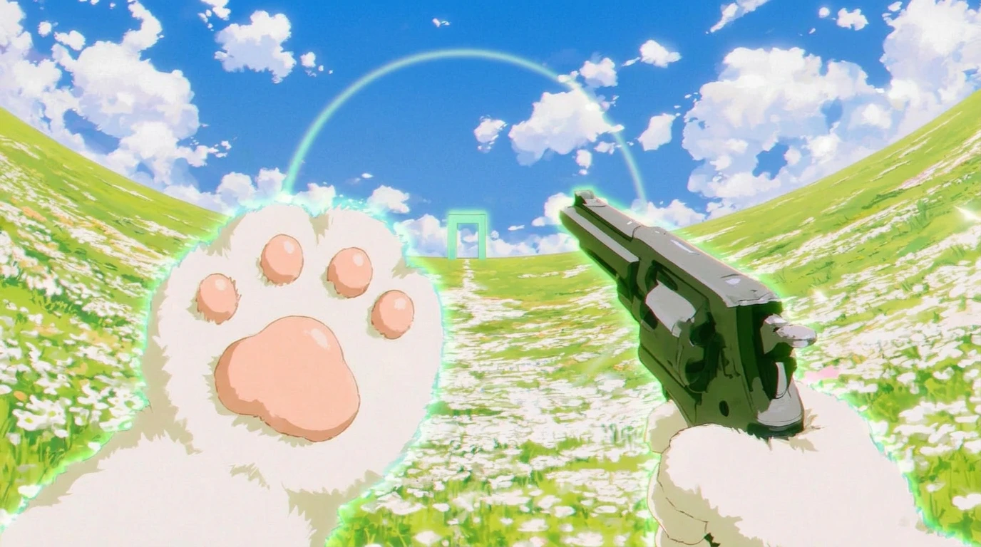 First person in a flower meadow under a blue sky: a raised furry bunny paw with pink pads on the left, a fur paw holding a dark revolver on the right, a mint gate ahead.